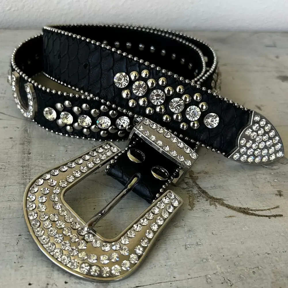 Vintage Rhinestone Studded Leather Bling Western Glam Statement Belt Y2K 34 - 36